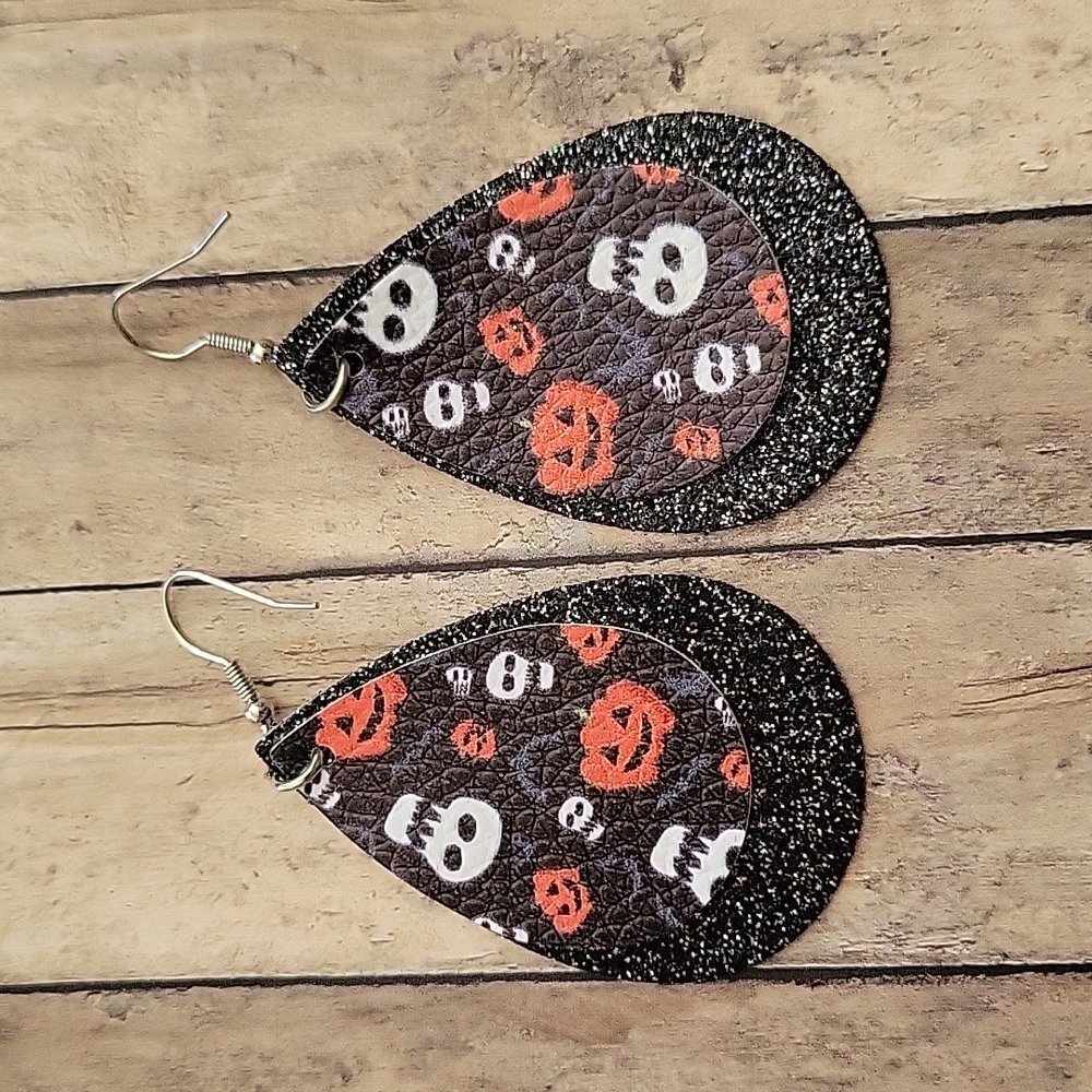 Halloween Skull and Pumpkin Faux Leather Earrings